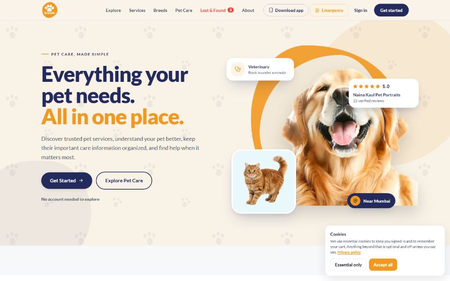The Breeds pet care marketplace home page