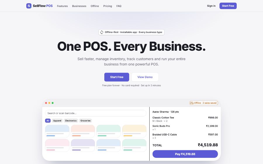 The SellFlow POS demo home page